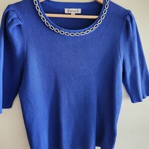 Puffed Sleeve Neckline Bling Bright Blue Short Sleeve Sweater Size Large